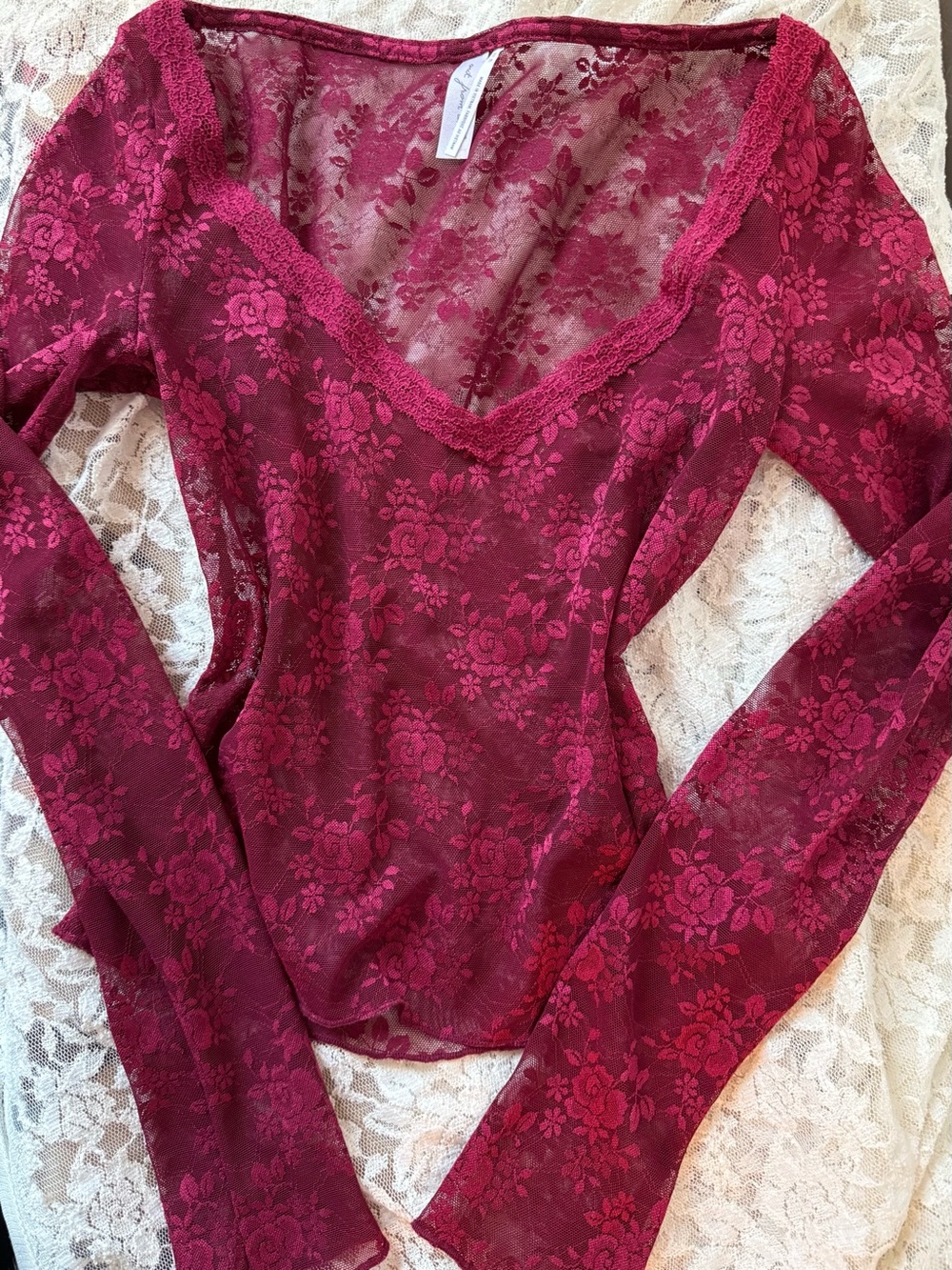 Urban Outfitters Sheer Floral Lace V-Neck Top - Burgundy